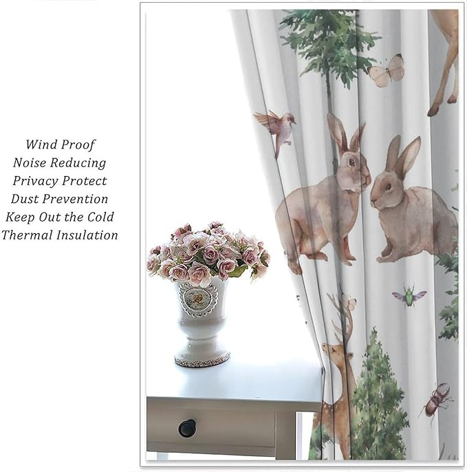 YCness Forest Animal Curtains, Wild Animals Watercolor Woodland Bear Rabbit Cartoon Window Treatments for Kids Bedroom Living Room Kitchen Living Room Drapes, 42x54 Inch