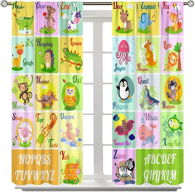 Kids Alphabet Letter Curtains Funny Education School Cute Cartoon Animal Printed Curtain with Rod Pocket for Bedroom Living Room Home Drapes Window Treatments 2 Panels Set 42" W X 63" L
