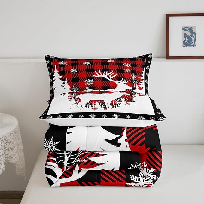 Manfei Christmas Comforter Set Queen Size, Xmas Deer Tree Snowflake Print Bedding Set 3pcs for Kids Boys Girls Bedroom Decor, Black Red Plaid Print Quilt Set with 2 Pillowcases