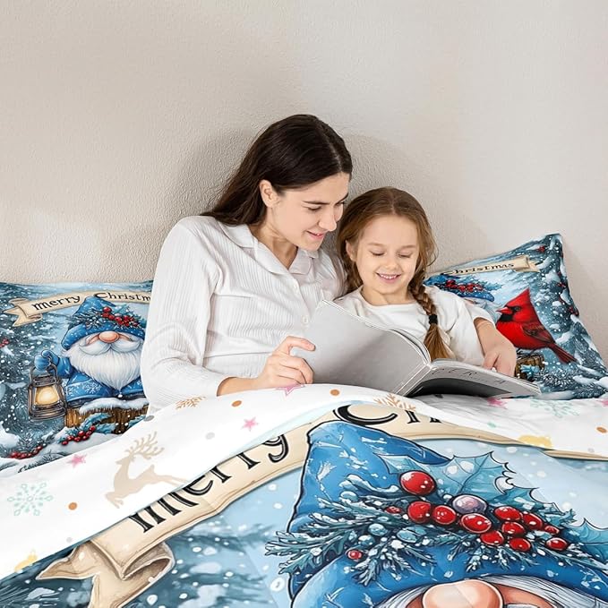 Kawaii Santa Claus Kids Bedding Set King Size,Poinsettia Cardinal Christmas Birds Comforter Set,Holly Berries Winter Snowflake Quilt Comforter,Blue Red Bedroom Duvet Insert,2 Pillowcases