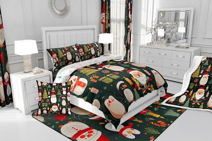 Feelyou Christmas Bedding Set Soft for Boys Girls, Penguin Santa Comforter Set Full Size Xmas Tree Snowflake Duvet Quilt Microfiber New Year Gift Bedroom Decor 3 Pcs with 2 Pillow Cases