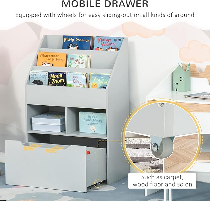HOMCOM Kids Bookcase Multi-Shelf Rack Organizer with Storage Drawer for Books, Playroom, Gray