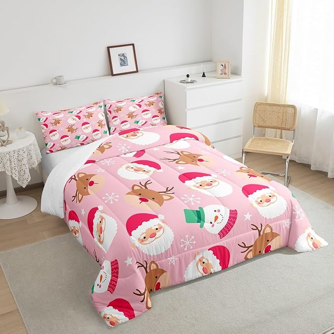 Cartoon Santa Claus Kids Comforter Set Full Size,Cute Snowman Deer Xmas Bedding Set,Boys Girls Adults Room Decor,Merry Christmas Snowflake Down Comforter,Pink Romantic Duvet Insert,2 Pillowcases
