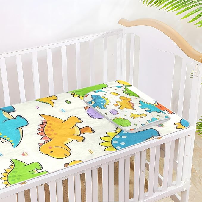 Beige Cute Dinosaur Cooling Baby Mattress Cover 28" x 52" Reusable Crib Bumper Pads for Baby&Toddler