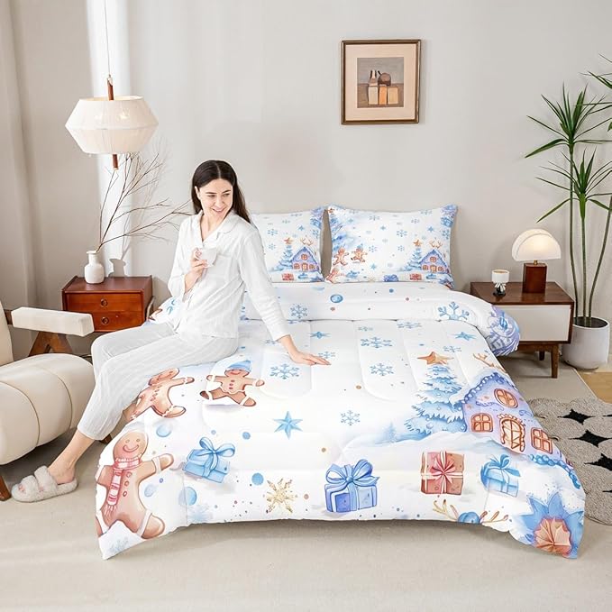jejeloiu Kids Christmas Theme Comforter Set Queen Size Blue Xmas Gingerbread Man Bedding Set for Boys Girls Teens Candy House Snowflake Winter Happy New Year Duvet Quilt Room Decor