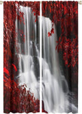 Red Forest Waterfall Blackout Windows Curtains, Waterfall Red Forest Black and Red Natural Landscape Print Window, for Living Room Bedroom 42x63in 2 Panels
