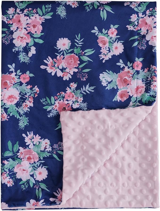 david's kids Micro Fleece Minky Baby Blanket for Girls with Double Layer and Soothing Raised Dots, Breathable and Soft Lightweight Receiving Blanket for Newborns, 40x50 Inches, Navy Floral