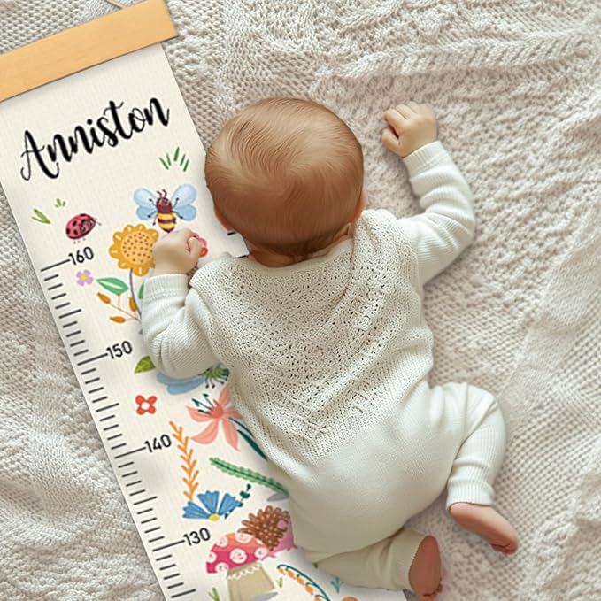 Personalized Name Growth Chart Wall Decor for Kids – Canvas Removable Height Chart Measuring Ruler 59" x 7.9" (Flower Birds)