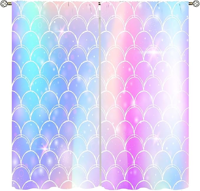 Mermaid Blackout Curtains, Kids Cartoon Blue and Pink Ocean Mermaid Scale Pattern Decoration for Girls Bedroom Nursery Curtains 42x63 Inch