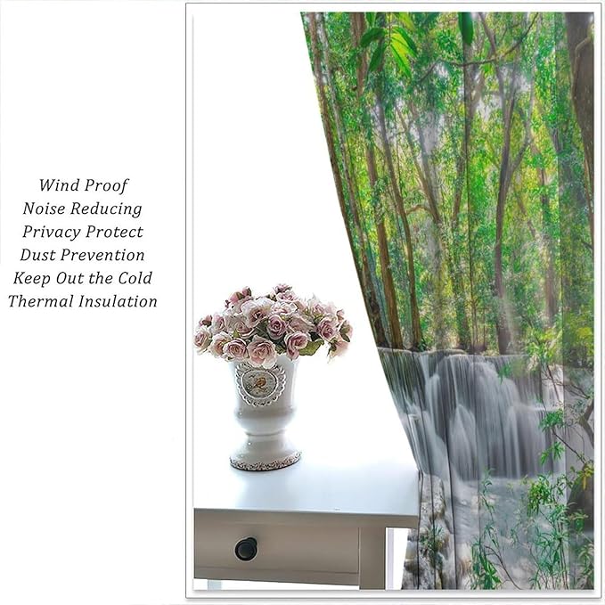 Forest Waterfall Blackout Curtains, Scene Nature Theme Mountain Stream Scenery Print Window Drapes, for Bedroom Living Room 42" W X 54" L