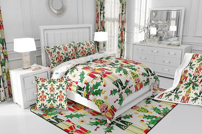 Feelyou Merry Christmas Bedding Set Soft for Boys Girls, Nutcracker Comforter Set Twin Size Holly Leaves Duvet Quilt Microfiber Red Berries Bedroom Decor 2 Pcs with 1 Pillow Cases