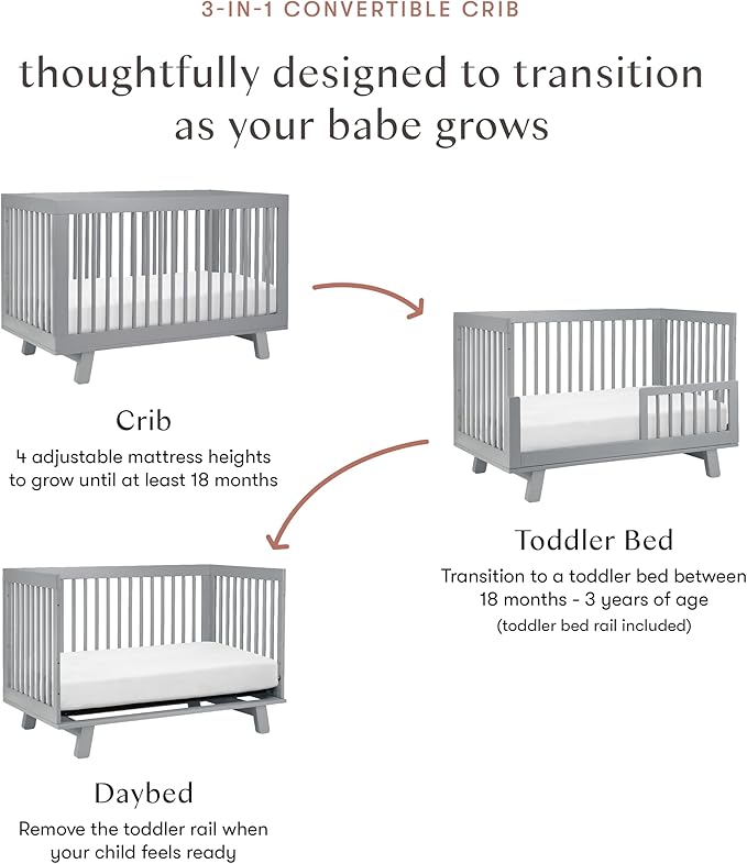 Babyletto Hudson 3-in-1 Convertible Baby Crib - GREENGUARD Gold Certified Convertible Crib to Toddler Bed & Daybed - Wooden Baby Bed with 4 Adjustable Mattress Heights - Strong & Easy Assembly - Grey