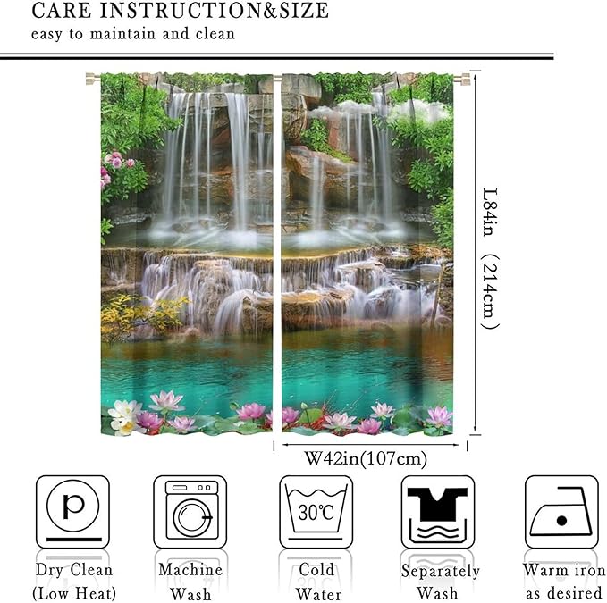 Waterfall Blackout Window Curtains, Rocky Waterfall to Pond Running Off Scenic Nature Themed Picture Print Window Drapes, for Living Room Bedroom 84x84in 2 Panels
