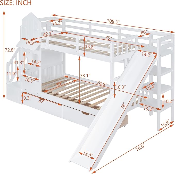Twin-Over-Twin Castle Style Bunk Bed with 2 Drawers and 3 Shelves, Wood Bunk Bed Frame with Slide and Storage Staircase for Kids Teens Boys Girls, Maximize Space Savings