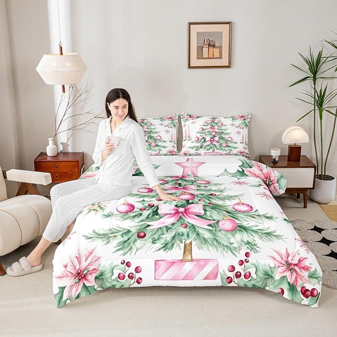 Feelyou Pink Christmas Comforter Set Toddler Size Xmas Tree Bedding Set for Kids Boys Girls Xmas Ornaments Duvet Quilt Snowflake Bow Bedroom Decor Microfiber 2 Pcs with 1 Pillow Cases
