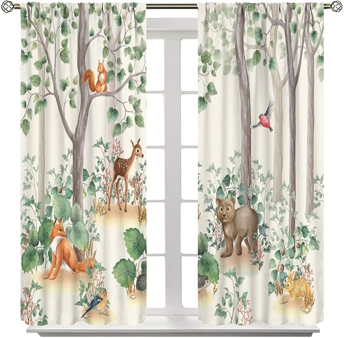 Forest Animal Curtains,Fox Elk Bird Animal Watercolor Woodland Print Curtains Kids Nursery Bedroom Living Room Home Decoration 55x63in