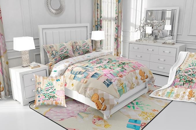 jejeloiu Christmas Nutcracker Comforter Set Full Size Gingerbread Man Bedding Set for Kids Boys Girls Xmas Tree Duvet Quilt Beige Bedroom Decor
