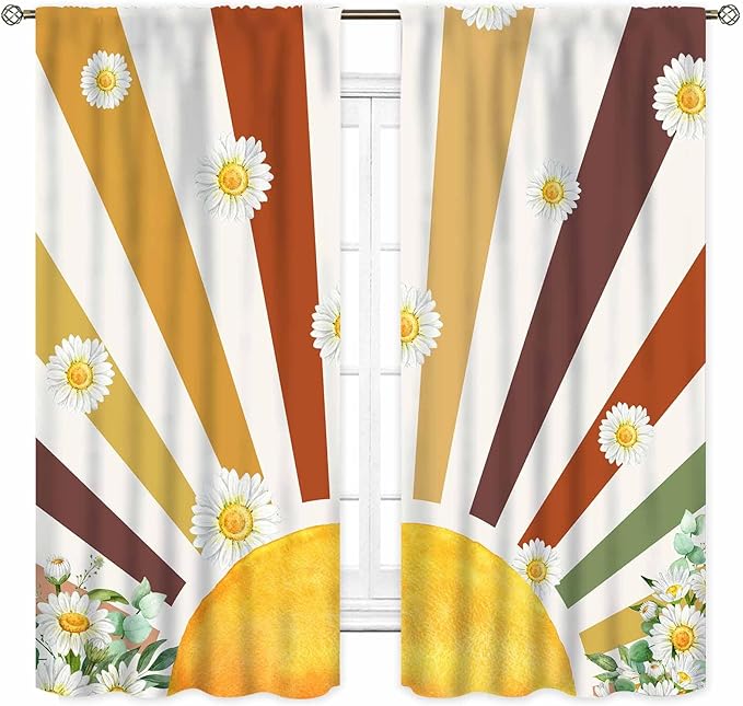 Boho Rainbow Curtains, Watercolor Bohemian Modern Abstract Daisy Floral Abstract Aesthetic Rainbow Blackout Window Treatments for Kids Girls Baby Bedroom Living Room Bathroom 2 Panels, 42"x63" Inch
