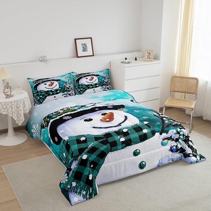 Feelyou Kids Christmas Theme Decorations Bedding Set Xmas Snowman Comforter Set for Boys Girls Watercolor Teal Bedroom Collection King Size