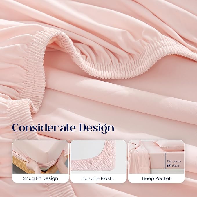 Dream Valley® Twin Sheets Set, Cooling Fitted Sheet with 1 Pillowcase-2 PCS with No Flat Sheet,Q-Max > 0.4 Aerocool, Cooling for Night Sweats, Hot Sleepers,deep Pocket up to 15",Pink Blush