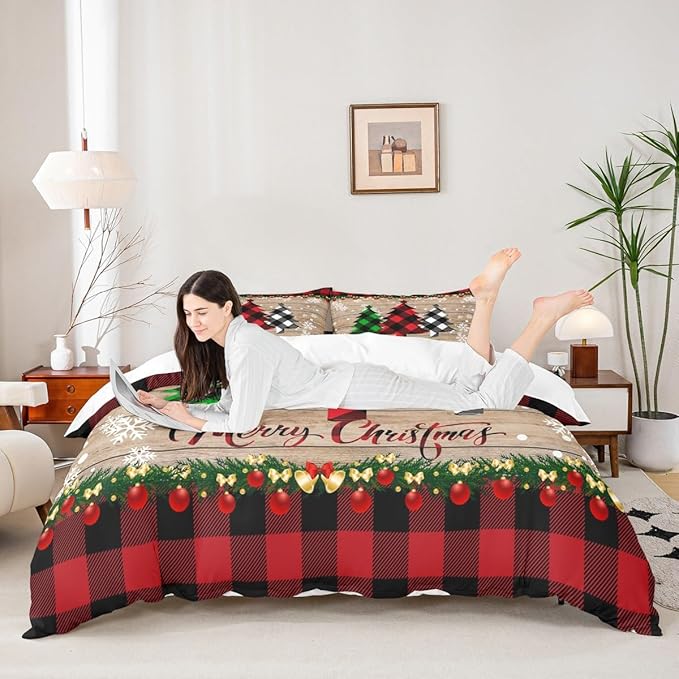 Manfei Plaid Tree Duvet Cover Set Full Size, Wooden Stripe Print Bedding Set 3pcs for Kids Boys Girls Bedroom Decor, Christmas Theme New Year Comforter Cover with 2 Pillowcases,No Comforter