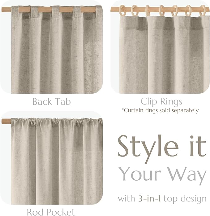 jinchan Oat Linen Blend Curtains 63 inch Length 2 Panels for Bedroom Living Room, Semi Sheer 50 inch Wide Farmhouse Cottage Core Style Drapes with Rod Pocket Back Tab(50W x 63L, Oat)