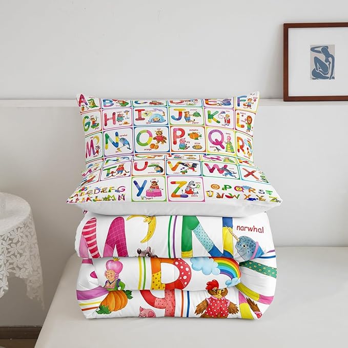 Feelyou ABC Alphabet Bedding Set King, Cartoon Zoo Animal Comforter Educational Learning Comforter Set for Kids Boys Girls Colorful Alphabet Duvet Set with 2 Pillow Case