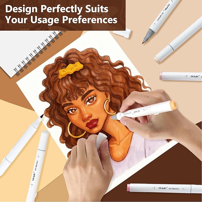 SFAIH Skin Tone Alcohol Markers Brush & Fine - 12 Dark Portrait Colors, Blendable & Refillable Permanent Art Markers for Adults/Teen/Artists/Creators & Illustrators