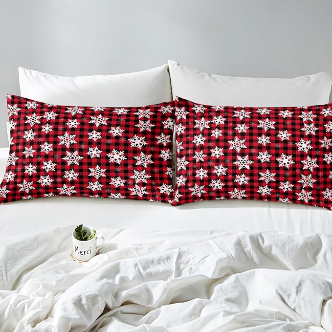 Christmas Kids Bedding Set Snowflake Xmas Theme Bedding Duvet Cover Set for Boys Girls Red Black Buffalo Check Decor Comforter Cover Set New Year Bedspread Cover Bedroom Quilt Cover 2Pcs Twin Size