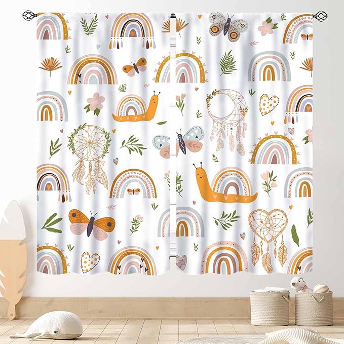 Boho Rainbow Curtains for Girls Bedroom, Bohemian Cute Lovely Butterfly Floral Rainbow Print Pastel Baby Kids Girls Bedroom Living Room Nursery Playroom Classroom Curtains for Windows, 42"x45" Inch
