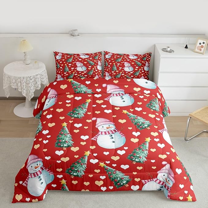 Feelyou Merry Christmas Comforter Set Toddler Size Cute Snowman Bedding Set for Kids Boys Girls Christmas Tree Duvet Quilt Love Hearts Microfiber 2 Pcs with 1 Pillow Cases