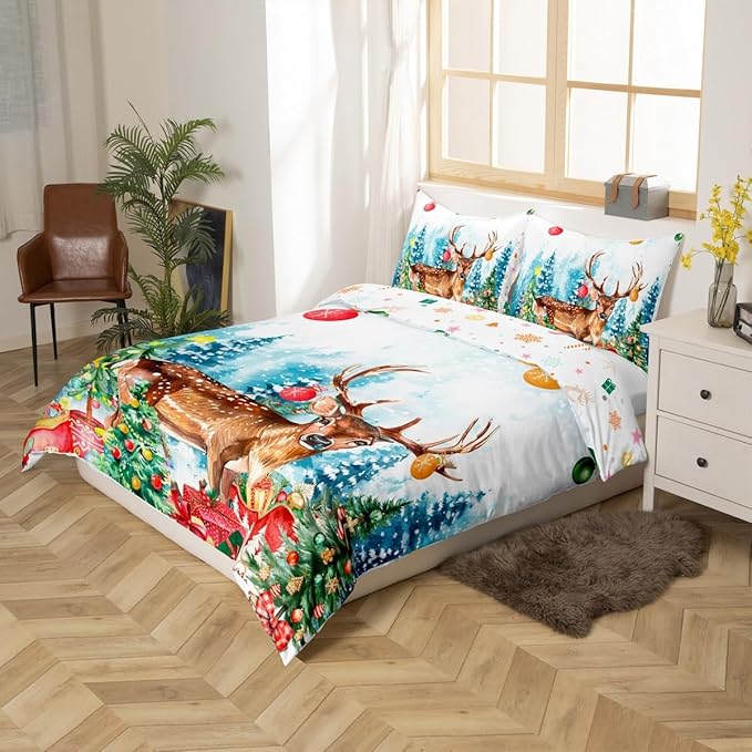 Manfei Merry Christmas Duvet Cover King Size,Watercolor Christmas Trees Gifts Wild Moose Super Soft Bedding Set for Boys Girls,Winter Happy New Year Comforter Cover Bedding 3 Piece (No Comforter)
