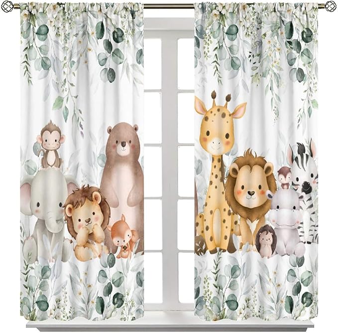 Kids Safari Animal Curtains Woodland Wildlife Jungle Animals Window Treatments for Boys Girls Bedroom Cute Cartoon Lion Nursery Children Drapes for Living Room W42xL54(Decor)