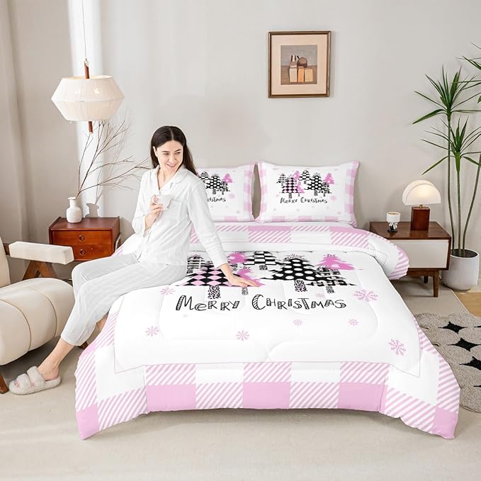 Manfei Xmas Trees Comforter Set Full Size, Pink Plaid Grid Snowflake Down Comforter with 2 Pillowcases, Christmas Theme Bedding Set 3pcs for Kids Girls Adults Room Decor New Year Duvet Insert