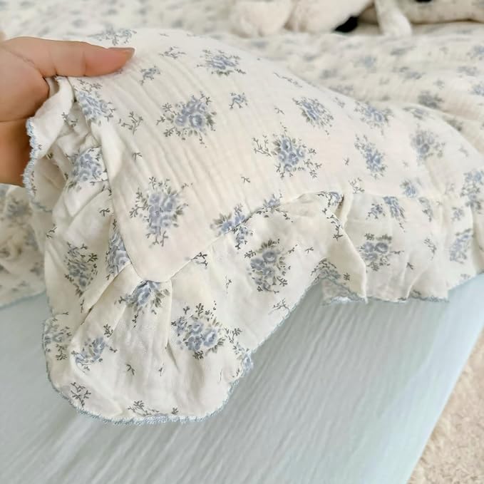 BuLuTu Blue Freesia Pattern Duvet Cover King, 2 Layers Cotton Muslin Quilt Cover with Zipper, Shabby Chic Ruffled Comforter Cover 90"x104" Floral Design Bedding, No Pillow, Machine Wash