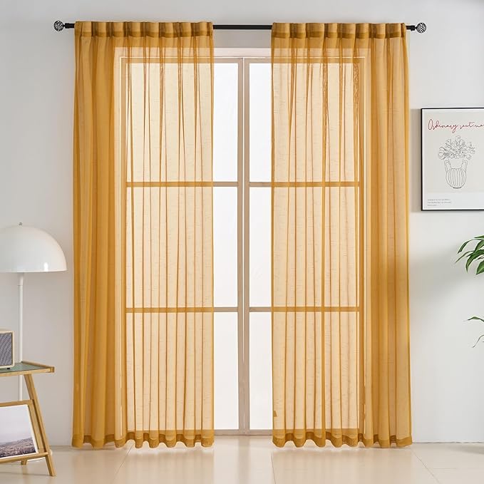 Mustard Gold Sheer Curtains 84 Inches Long 2 Panels, Textured Linen Look Pinch Pleated Drapes, Vintage Yellow Light Filtering Window Treatments, Sliding Glass Door Curtain Back Tab