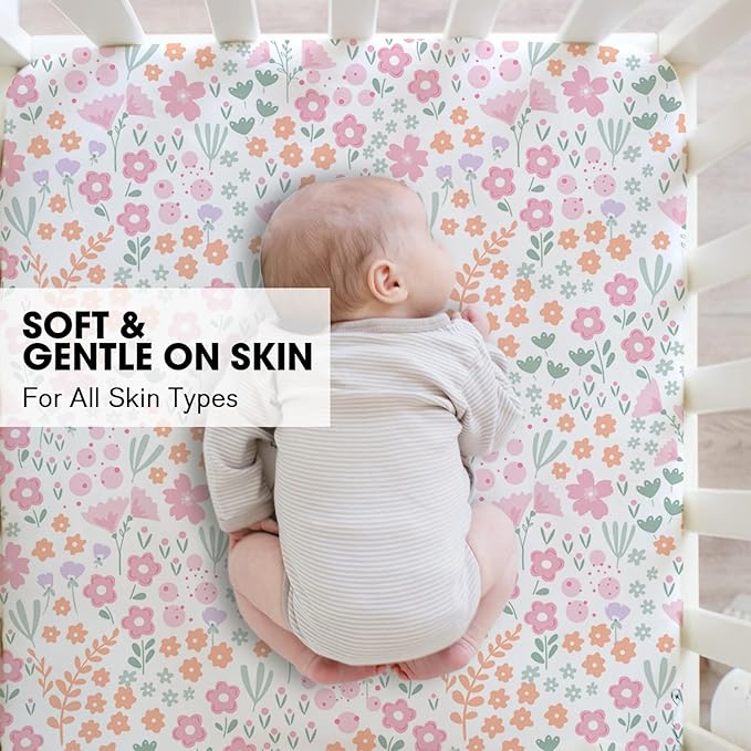 Little Grape Land Crib Sheets for Girls, Soft Microfiber Fitted Baby Sheets for Standard Crib and Toddler Mattress, 28x52x8 inch,Comfortable & Secure Fit (Pink & Floral)