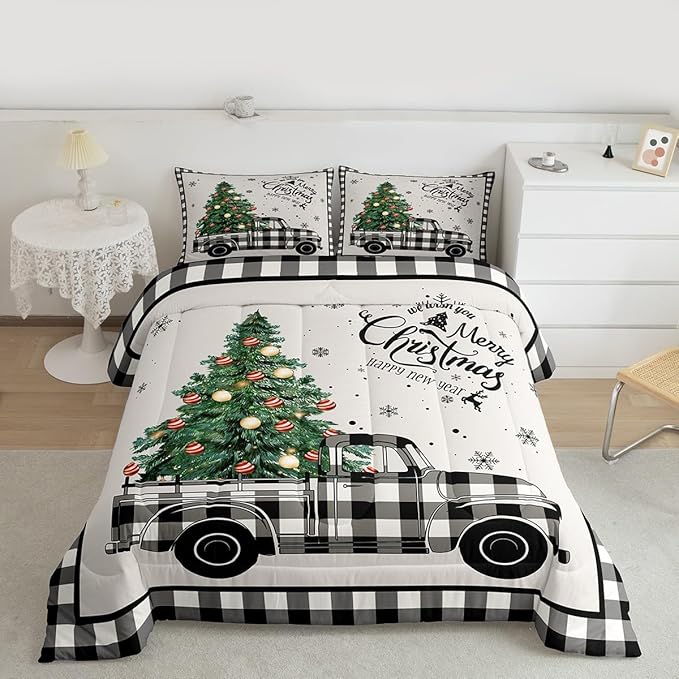 Christmas Truck Kids Comforter Set Twin Size,Snowflake Pines Trees Rustic Bedding,Girls Boys Adults Bedroom/Xmas Cabin Decor,Geometric Grids Lattice Down Comforter,Retro Duvet Insert,1 Pillowcase