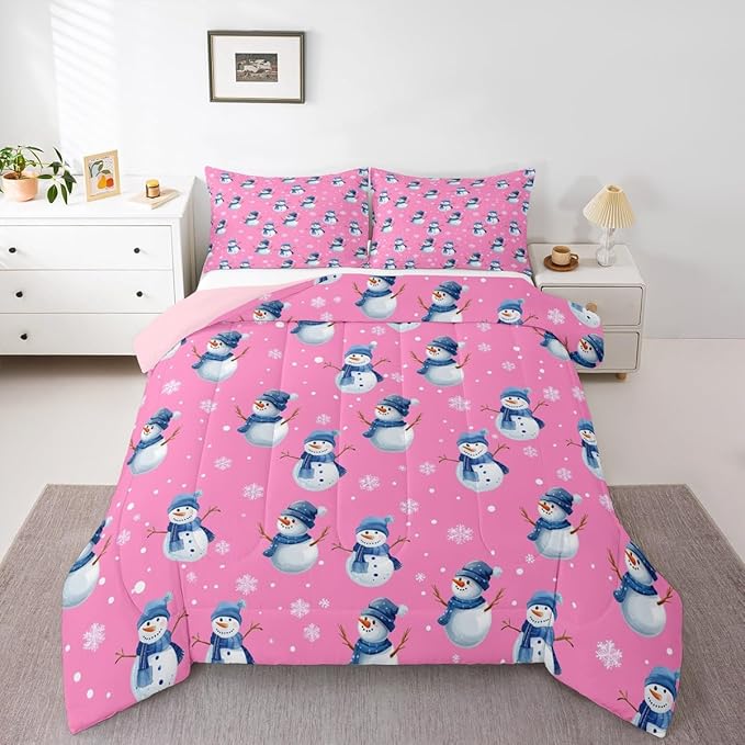 jejeloiu Kids Cute Winter Snowman Comforter Set King Size Pink Christmas Theme Bedding Set for Boys Girls Teens Xmas Snowflake Happy New Year Duvet Quilt Room Decor