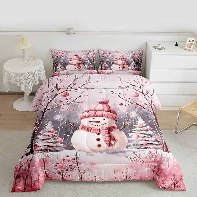 Feelyou Cute Snowman Comforter Set All Season Christmas Tree Bedding Set with 2 Pillow Cases Xmas Snowflake Microfiber Kids Queen Bedclothes Pink Scarf Bedroom Decor Pink Winter Scene Duvet Quilt