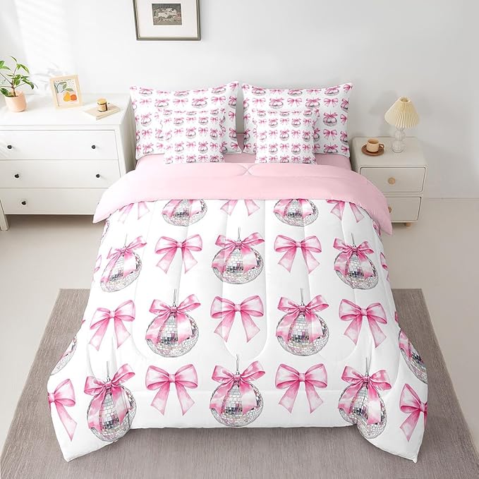7 Pieces Cartoon Bowknot Kid Comforter Queen,Bow Tie Butterfly Knot Princess Bedding Set,Western Cowgirl Disco Ball Retro Pink White（Comforter+Fitted+Flat Sheet+2 Pillowcases+2 Throw Pillow Covers）