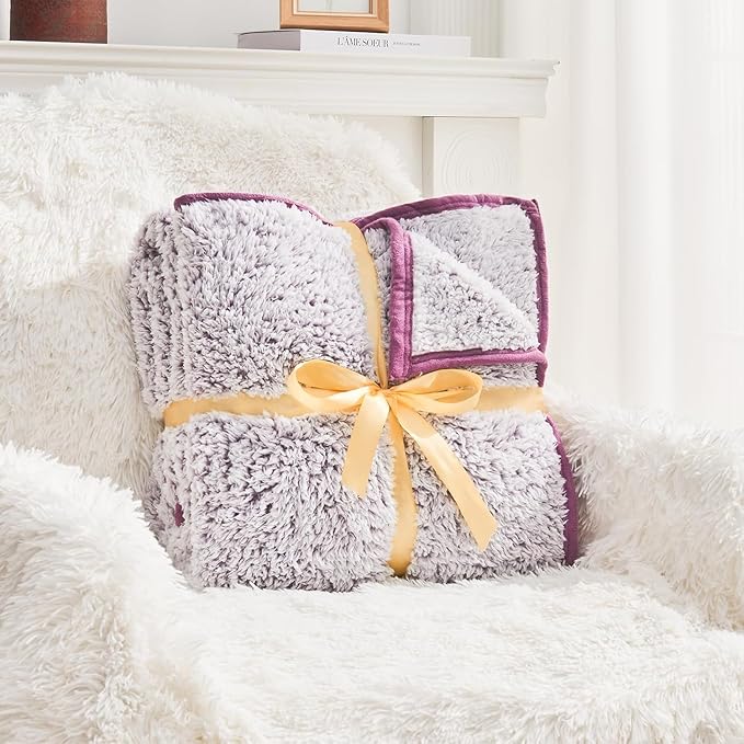 EMME Soft Sherpa Fleece Blanket Reversible Plush Fluffy Large Blanket, Light Weight Warm Decorative Boho Blanket Cover for Sofa, Couch, Bedroom,Travel(Plush Purple,90"x90")