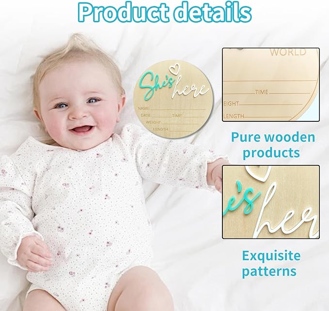 Baby Announcement Sign, 5.9 Inch Wooden Hello World Newborn Signs, Birth Announcement Sign, Gender Reveal Signs, She's here Decoration, Welcome Newborn Arrival To World, Hospital Nursery for Baby (Green She's)