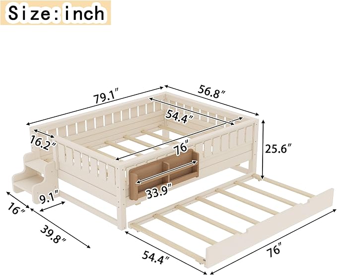 Bellemave Full Bed with Trundle and Stairs, Full Size Platform Bed Frame with Fence and Bookshelf, Easy Assemble Beds for Kids, Girls, Boys, Beige