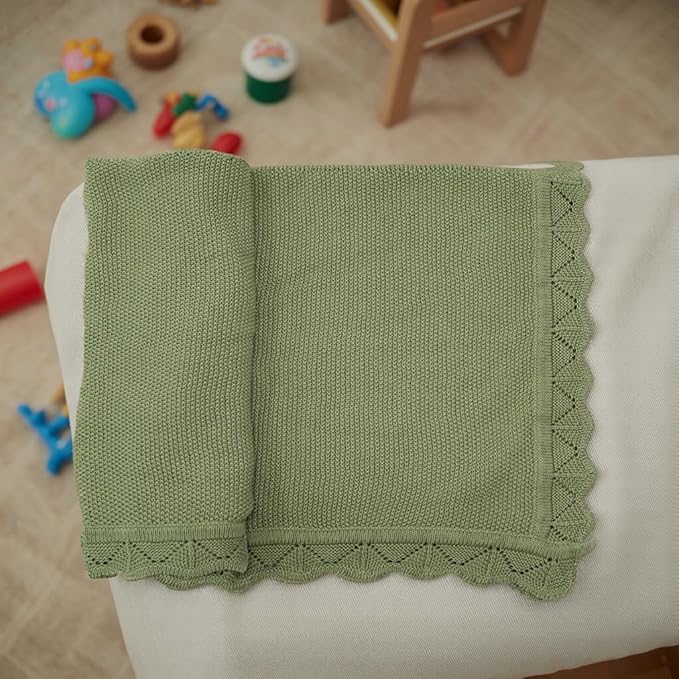 Baby Knit Blanket Soft Breathable Cotton Scallop Border Blankets Newborn Knitted Blanket Swaddle Blankets Gifts for Baby Newborn Toddler Shower Boy Girl New Mom Birthday Christmas SG 28x36