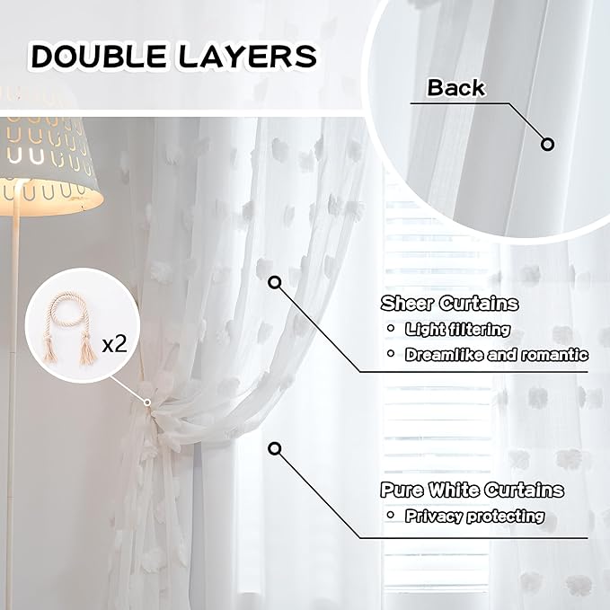 MYSKY HOME Light Blocking White Curtains for Living Room White Sheer Pom Pom Kids Room Decor Drapes 108 Inches Long Double Layer Curtain for Sliding Door Grommet Window Panels Set of 2 52" x 108"