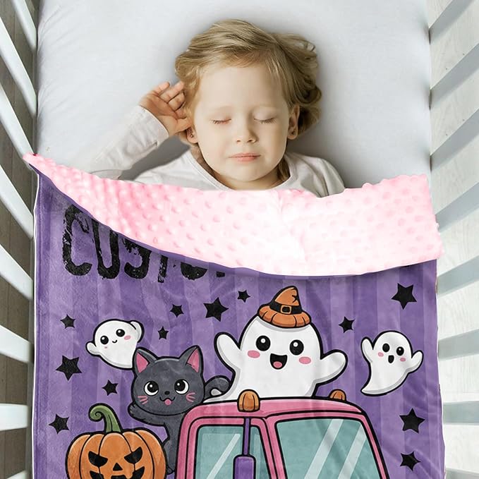 Personalized Halloween Blanket for Baby Girls, Custom Baby Blanket with Name, Ghost Pumpkin Truck Pattern Soft Minky Dot Blanket, Halloween Decor Christmas Birthday Gifts for Kids Toddlers