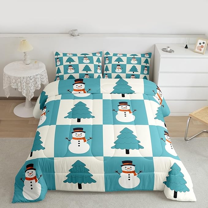 Feelyou Merry Christmas Comforter Set All Season Snowman Bedding Set with 1 Pillow Cases Xmas Tree Microfiber Kids Toddler Bedclothes Bedroom Decor Duvet Quilt Breathable Soft Lightweight