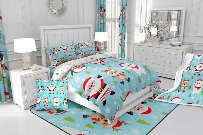 Feelyou Christmas Comforter Set Full Size Santa Claus Bedding Set for Kids Boys Girls Penguin Deer Duvet Quilt Xmas Snowflake Tree Bedroom Decor Microfiber 3 Pcs with 2 Pillow Cases