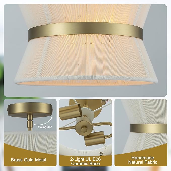 Gold Semi Flush Mount Ceiling Light 2-Light Modern Drum Dining Room Lighting Fixture 12.6” Beige Fabric Lamp for Bedroom Entryway Hallway Foyer Kitchen Island Living Room Nursery